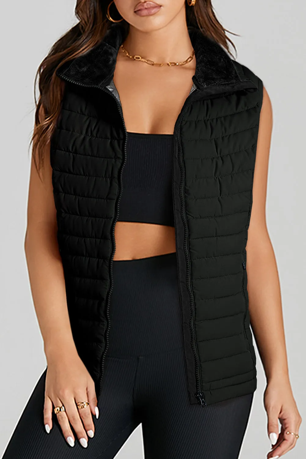 Black Plush Collared Quilted Puffer Vest sold by Beagle Boutique