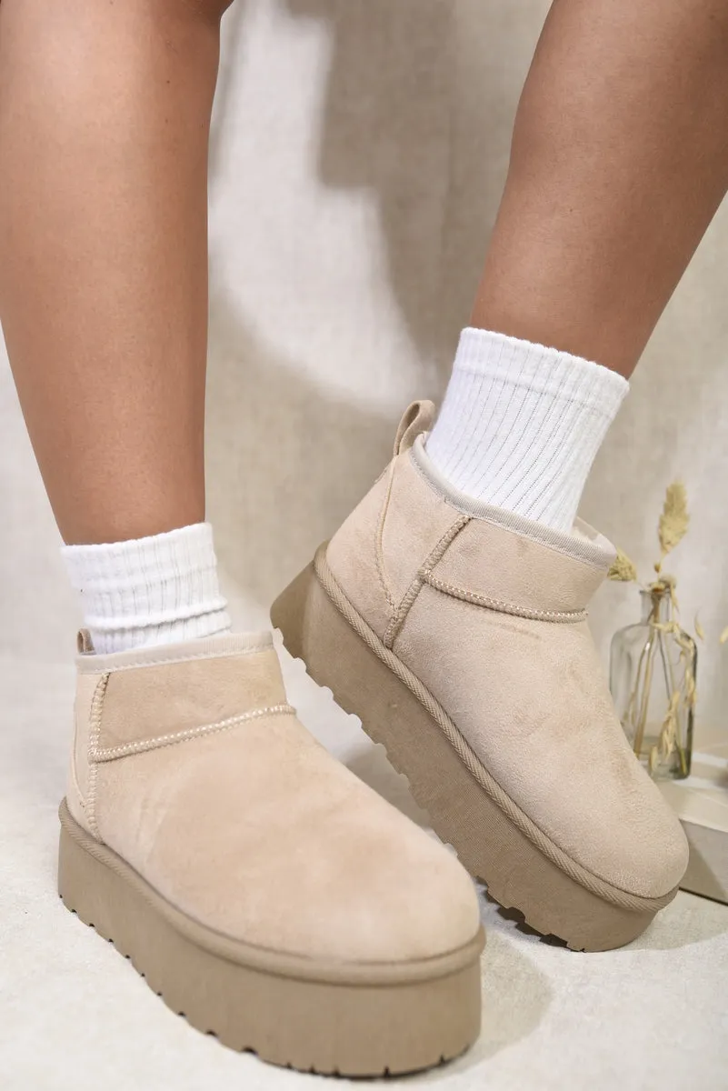 Faux Suede Ultra Mini Ankle Platform Boots sold by Beagle Boutique
