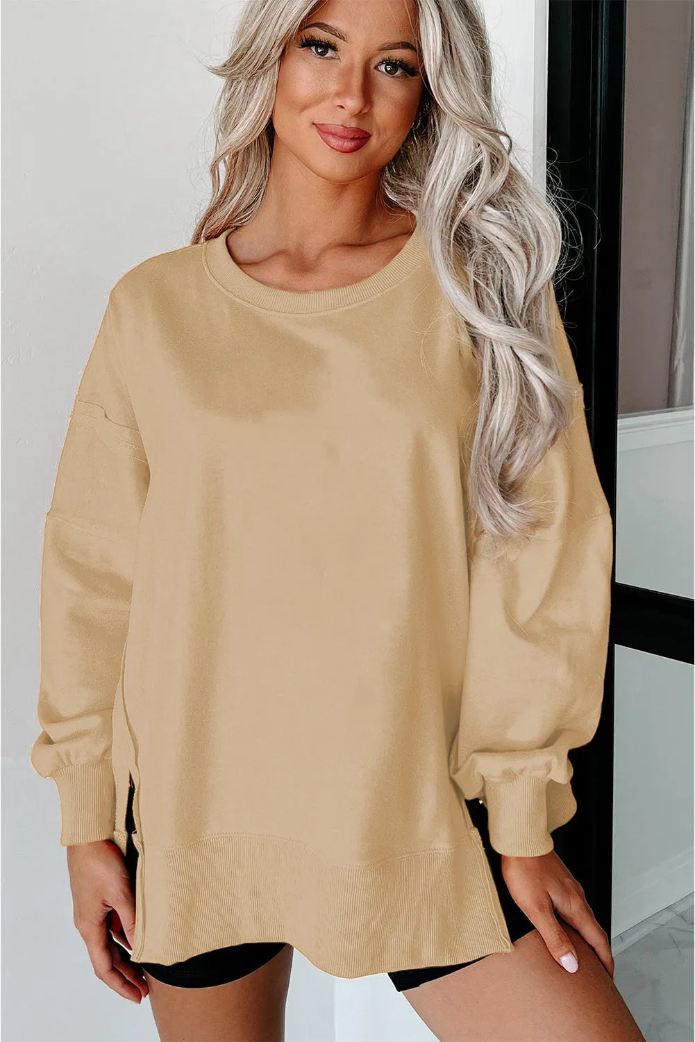 Light French Beige Exposed Seam Drop Shoulder Round Neck Sweatshirt with Slits sold by Beagle Boutique product image thumbnail 3