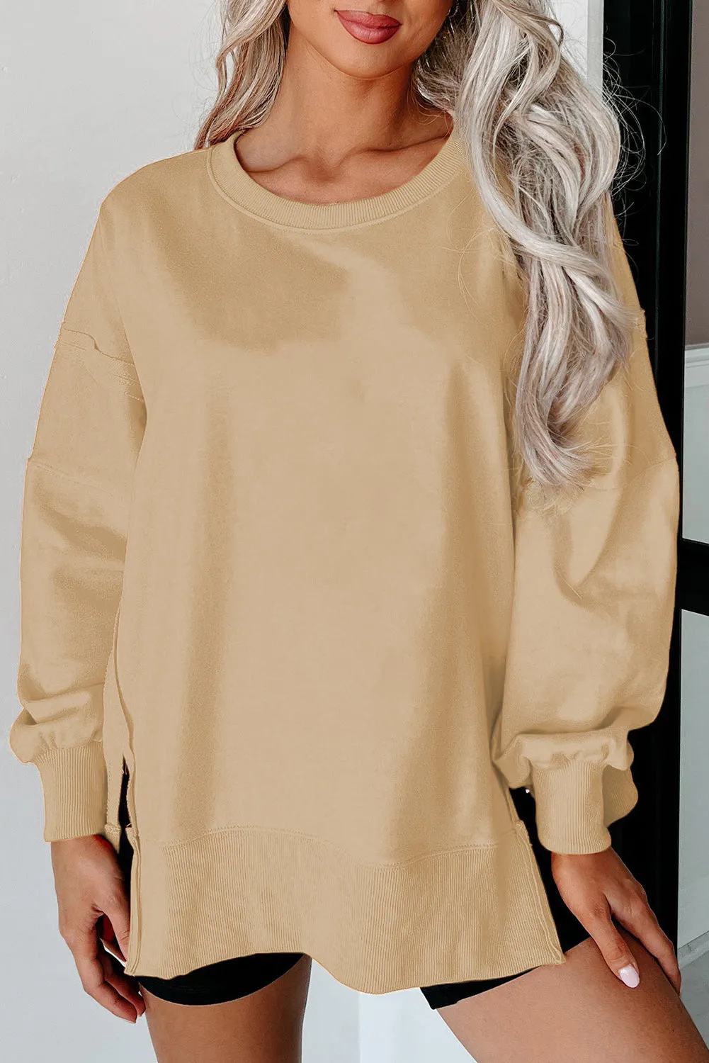 Light French Beige Exposed Seam Drop Shoulder Round Neck Sweatshirt with Slits sold by Beagle Boutique