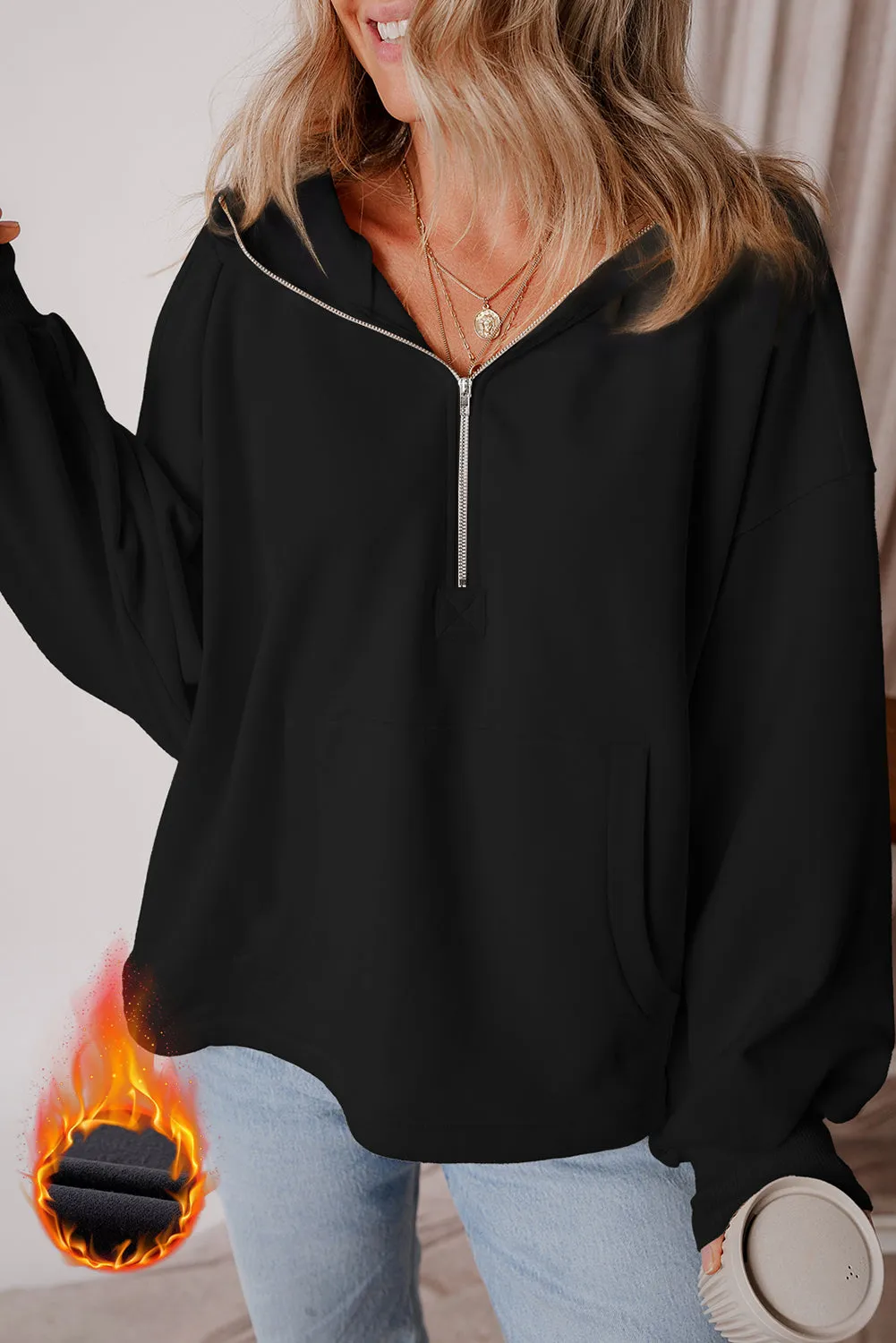 Black Fleece Lined Half Zipper Kangaroo Pockets Loose Hoodie sold by Beagle Boutique