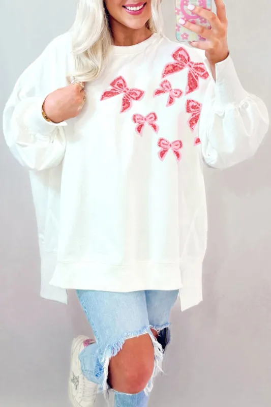 White Sequin Bowknot High Low Oversize Sweatshirt sold by Beagle Boutique