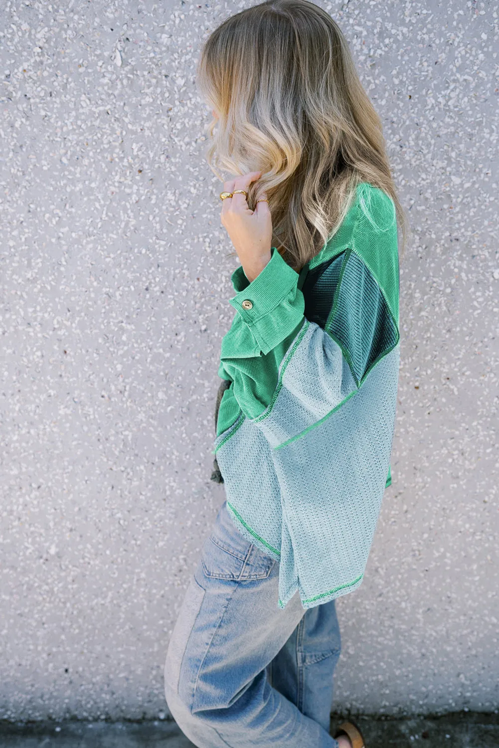 Green Colourblock Stitching Patchwork Buttoned Long Sleeve Top sold by Beagle Boutique product image thumbnail 3
