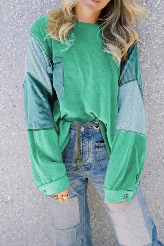Green Colourblock Stitching Patchwork Buttoned Long Sleeve Top sold by Beagle Boutique