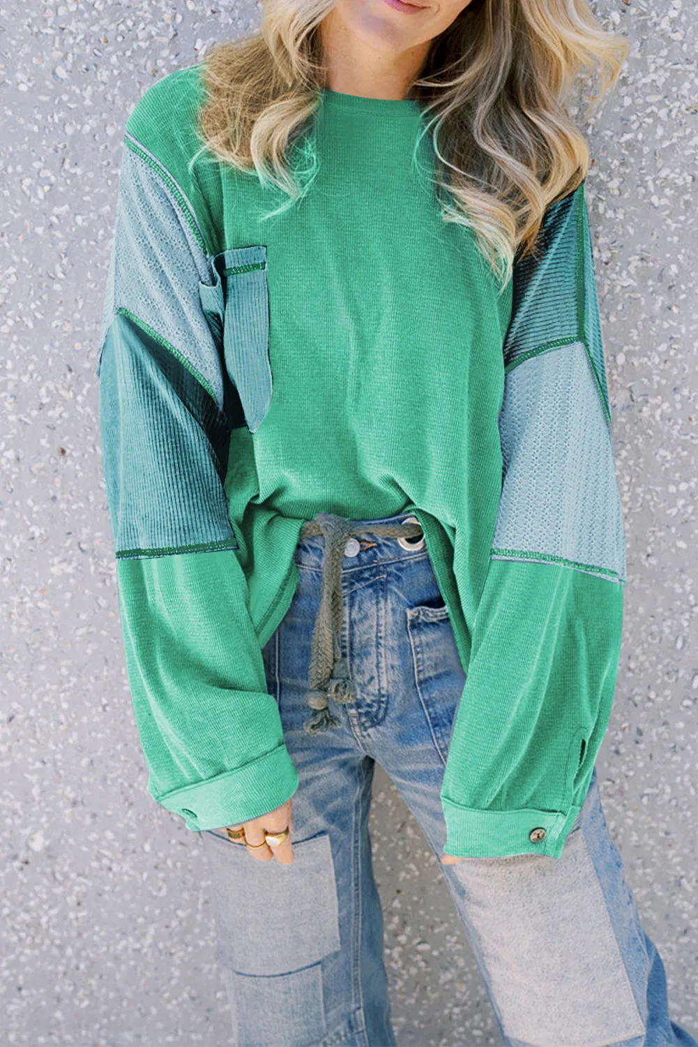 Green Colourblock Stitching Patchwork Buttoned Long Sleeve Top sold by Beagle Boutique