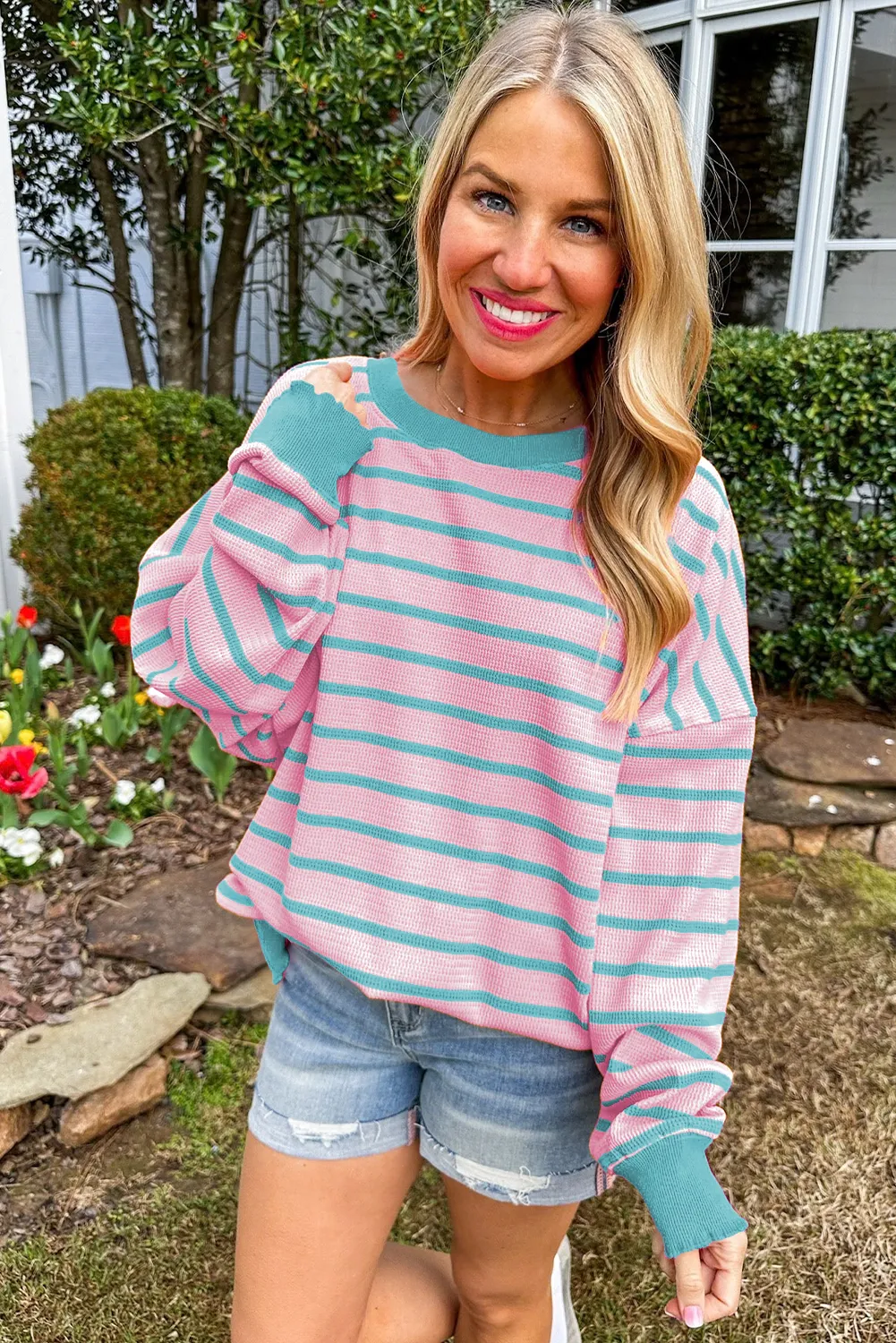 Pink Stripe Trimmed Round Neck Drop Shoulder Loose Sweater sold by Beagle Boutique product image thumbnail 3