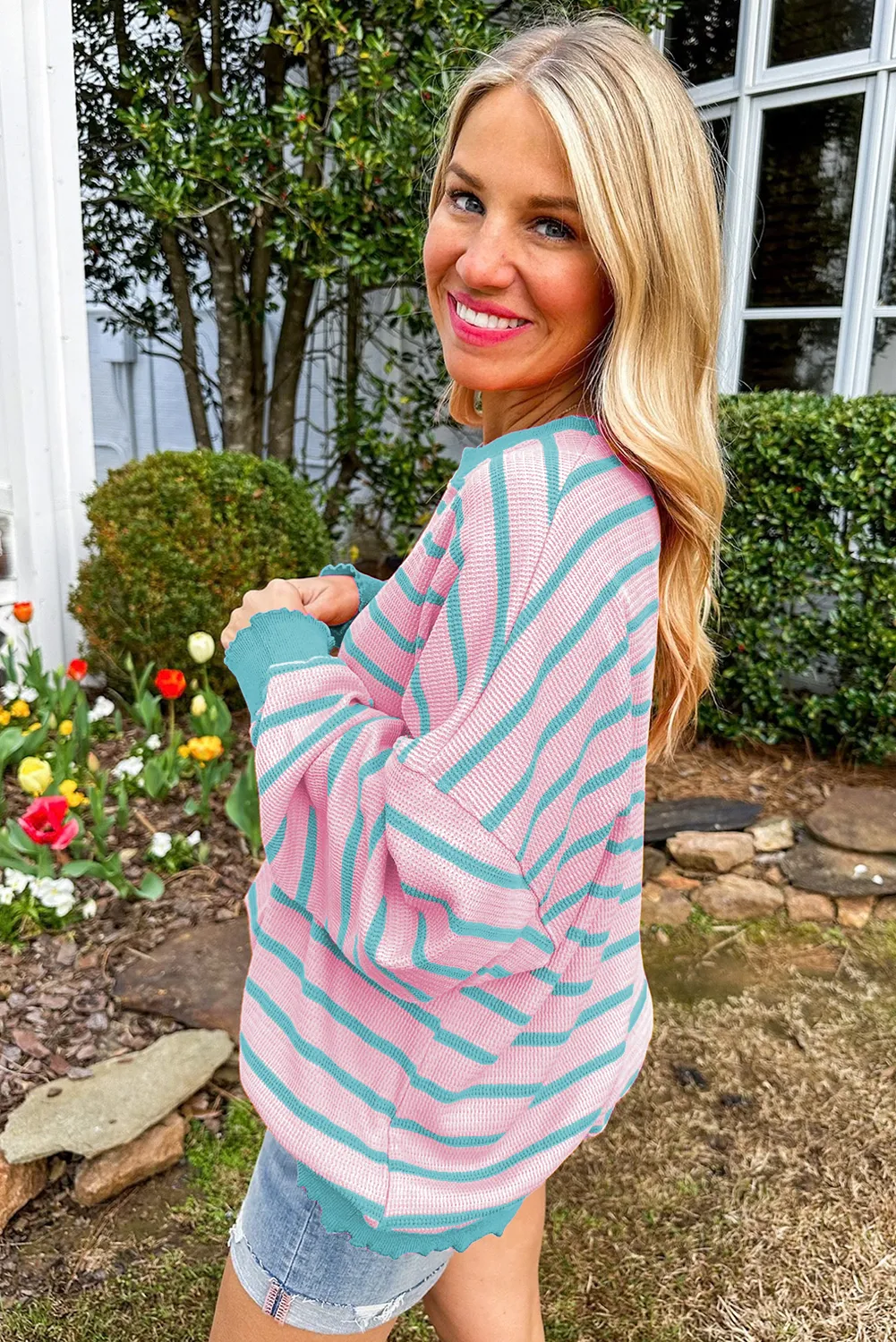 Pink Stripe Trimmed Round Neck Drop Shoulder Loose Sweater sold by Beagle Boutique product image thumbnail 2