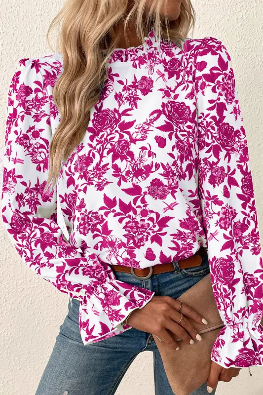 Rose Floral Print Flounce Sleeve Keyhole Back Blouse sold by Beagle Boutique