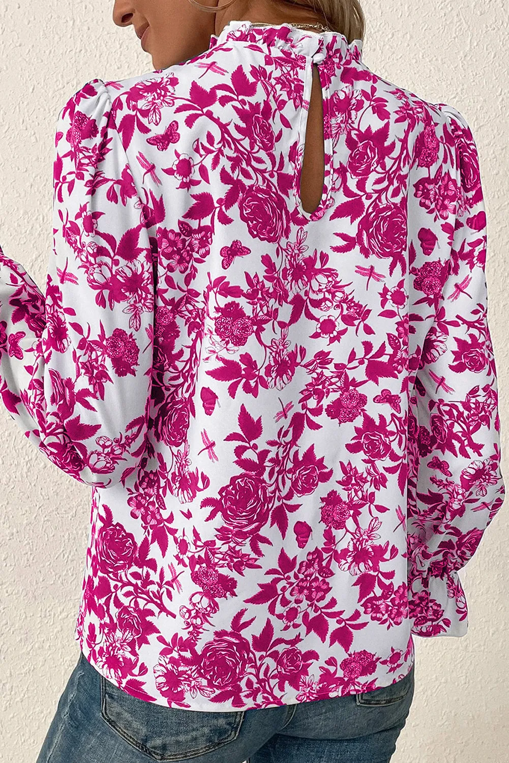Rose Floral Print Flounce Sleeve Keyhole Back Blouse sold by Beagle Boutique product image thumbnail 2
