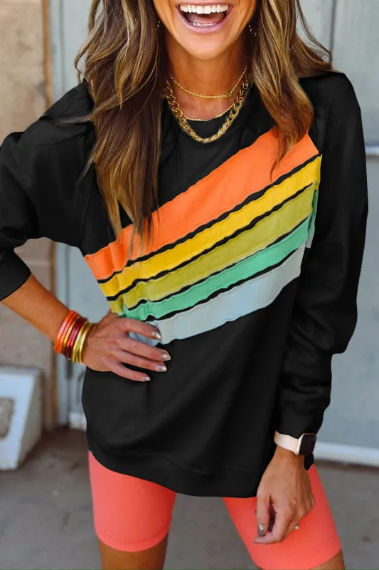 Black Rainbow Colourblock Striped Pullover Sweatshirt sold by Beagle Boutique
