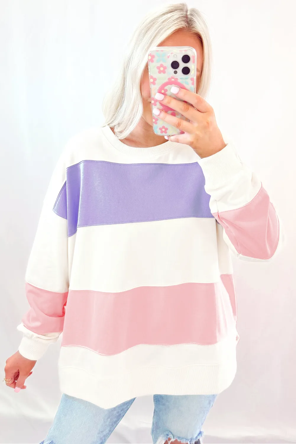 Beige Colourblock Patchwork Drop Shoulder Crewneck Sweatshirt sold by Beagle Boutique product image thumbnail 4