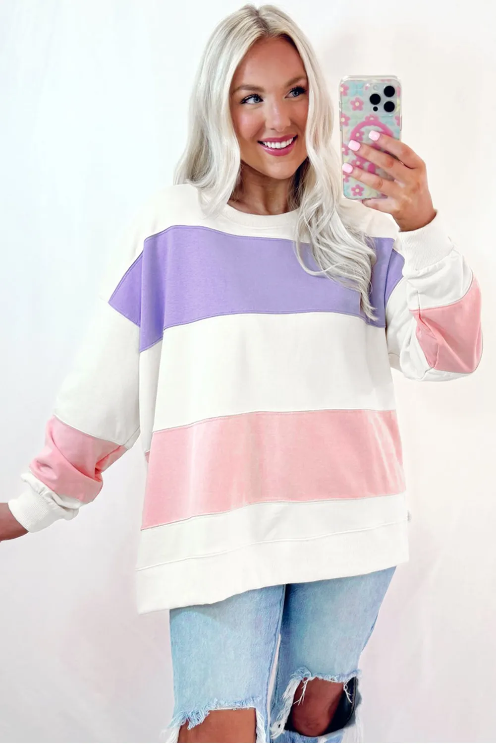 Beige Colourblock Patchwork Drop Shoulder Crewneck Sweatshirt sold by Beagle Boutique product image thumbnail 3