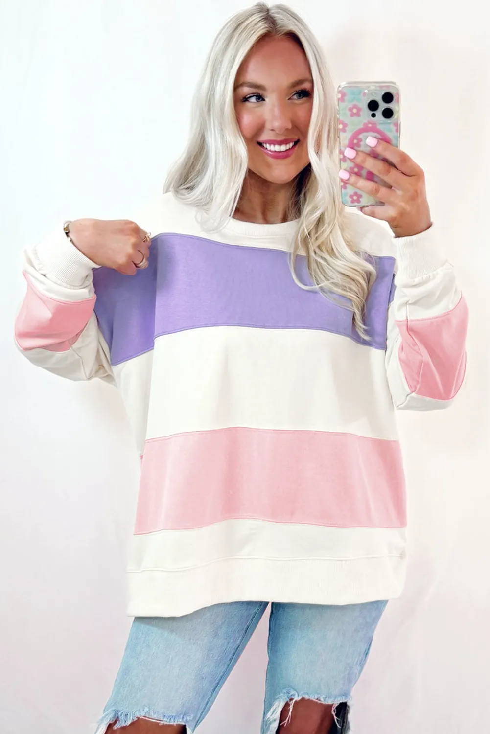Beige Colourblock Patchwork Drop Shoulder Crewneck Sweatshirt sold by Beagle Boutique product image thumbnail 5