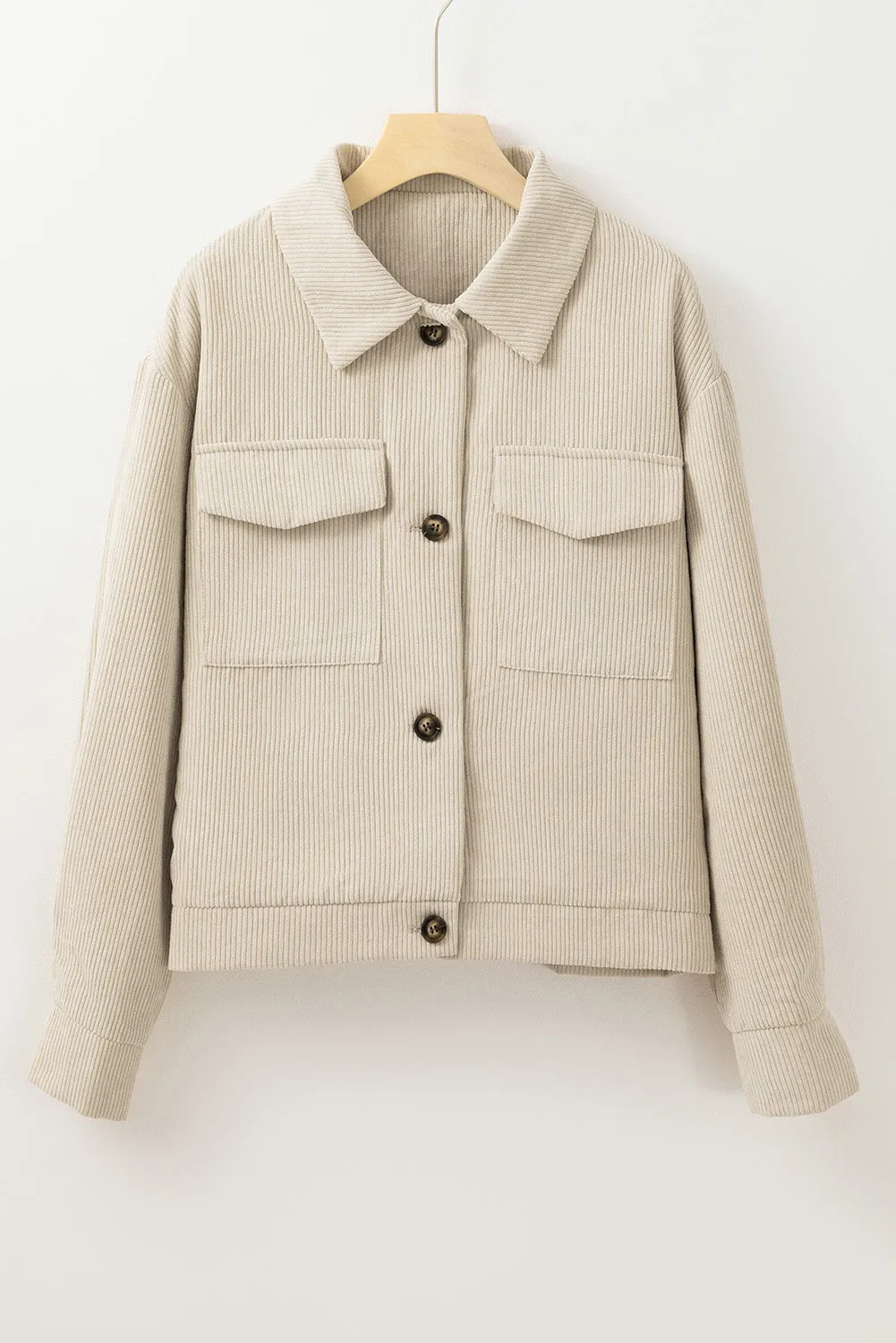 Beige Flap Pockets Buttoned Turn Down Collar Corduroy Shacket sold by Beagle Boutique product image thumbnail 4