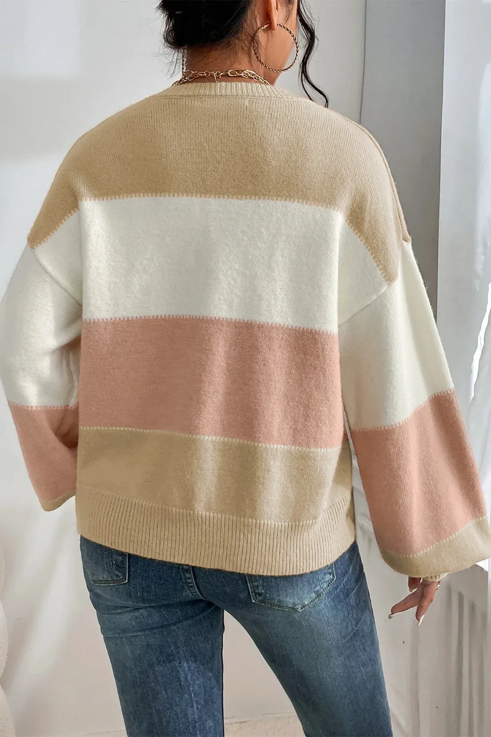 Dusty Pink Colour Block Lantern Sleeve Drop Shoulder Sweater sold by Beagle Boutique product image thumbnail 2