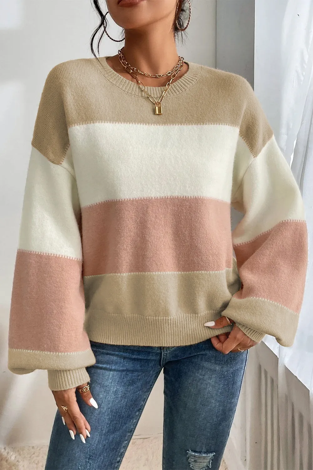 Dusty Pink Colour Block Lantern Sleeve Drop Shoulder Sweater sold by Beagle Boutique product image thumbnail 3