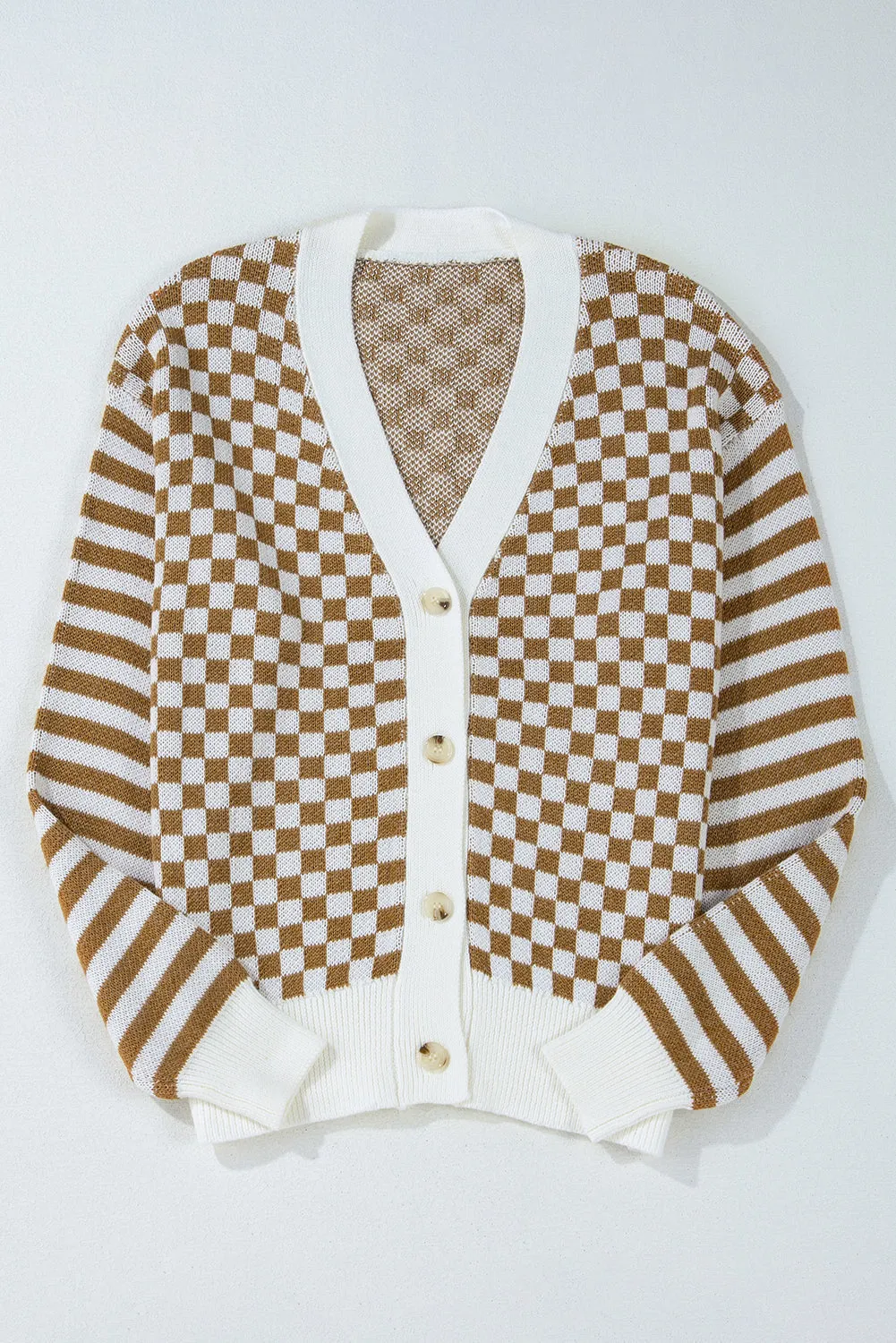 Brown Checkered Striped Patched Buttoned V Neck Cardigan sold by Beagle Boutique product image thumbnail 4