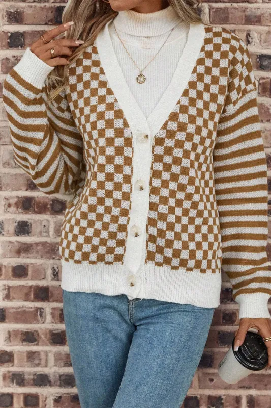 Brown Checkered Striped Patched Buttoned V Neck Cardigan sold by Beagle Boutique