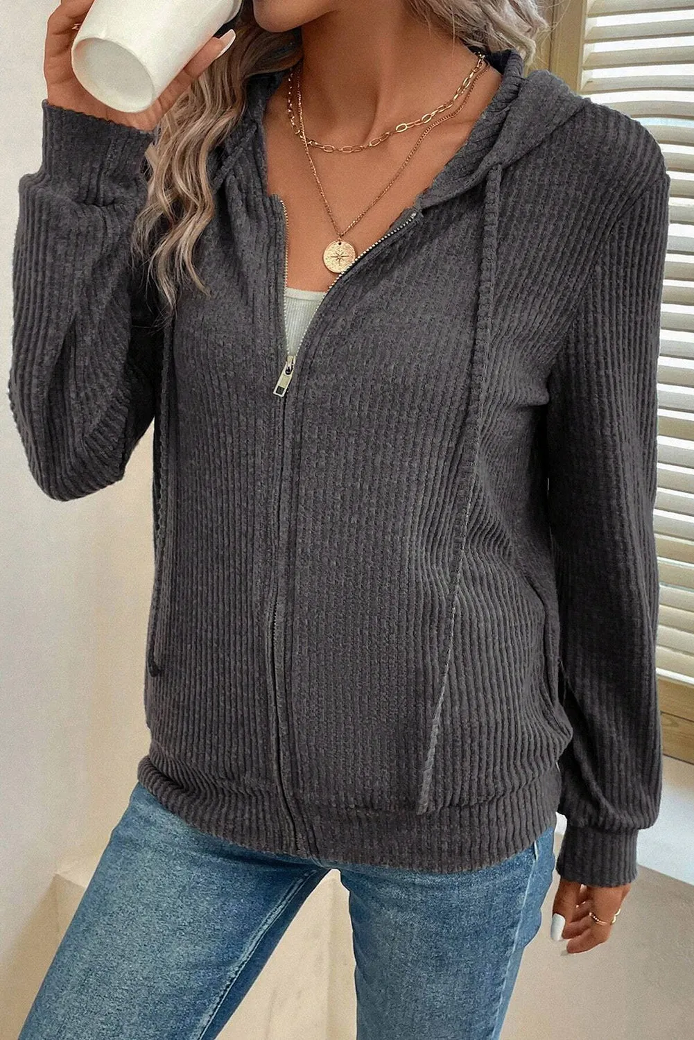 Dark Grey Ribbed Zip Up Front Drawstring Hoodie sold by Beagle Boutique product image thumbnail 3