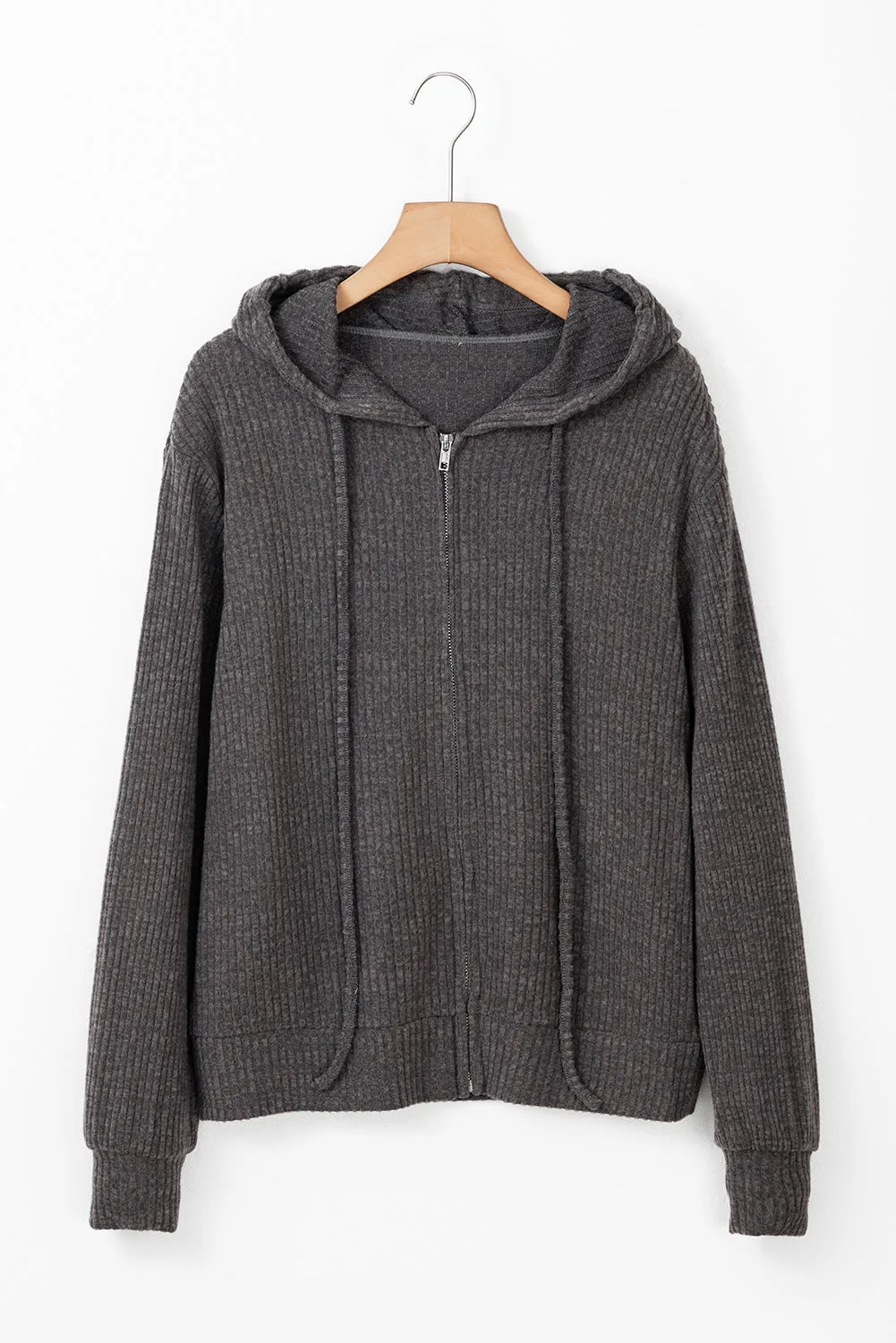 Dark Grey Ribbed Zip Up Front Drawstring Hoodie sold by Beagle Boutique product image thumbnail 4