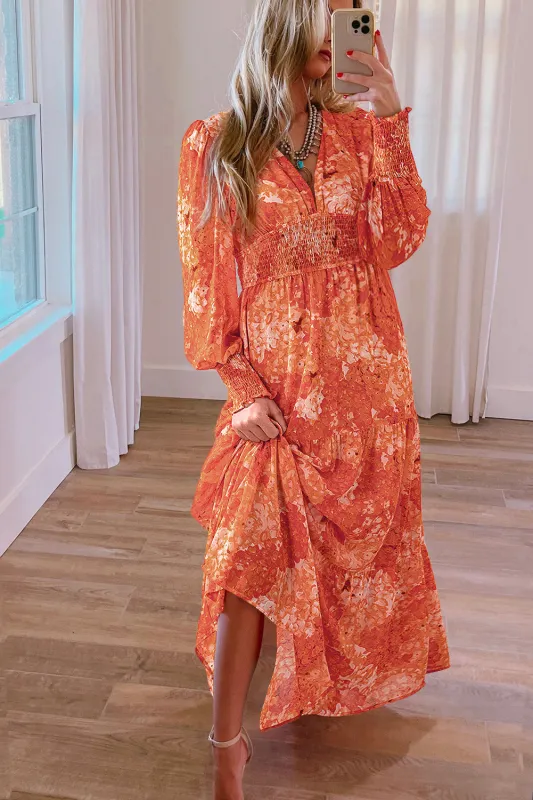 Orange Boho Floral Bishop Sleeve V Neck Tiered Maxi Dress sold by Beagle Boutique