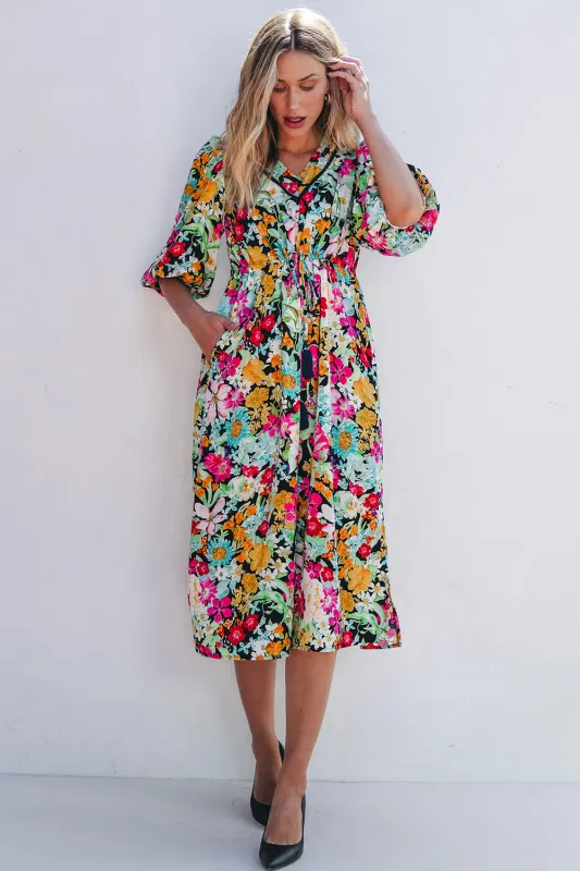 Green Floral Puff Sleeve V Neck Tassel Drawstring Dress sold by Beagle Boutique