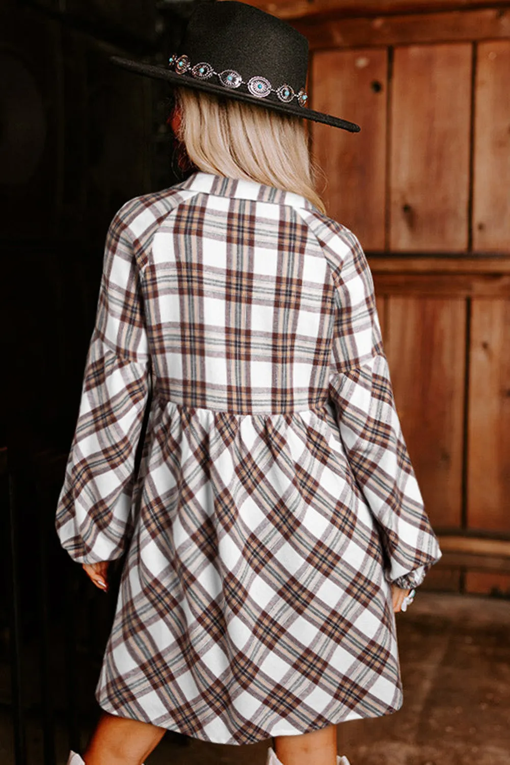 White Plaid Bubble Sleeve Flowy Shirt Dress sold by Beagle Boutique product image thumbnail 2