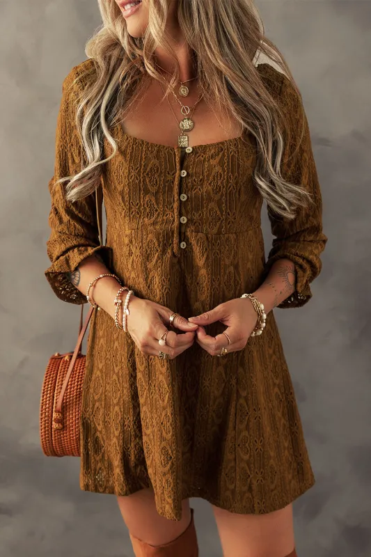 Chestnut Lace Crochet Buttoned Square Neck Shift Mini Dress sold by Beagle Boutique