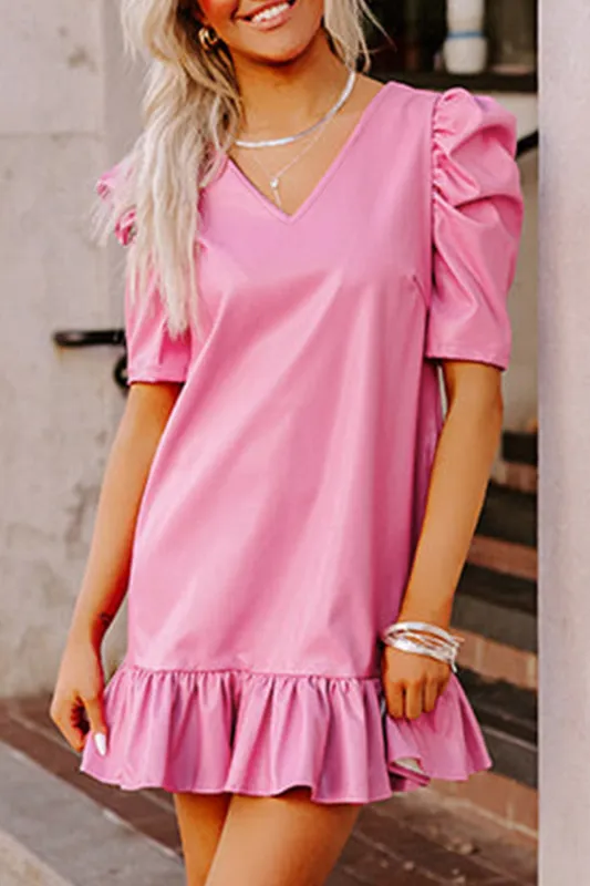 Sachet Pink Pleather Bubble Short Sleeve V Neck Ruffled Hem Mini Dress sold by Beagle Boutique