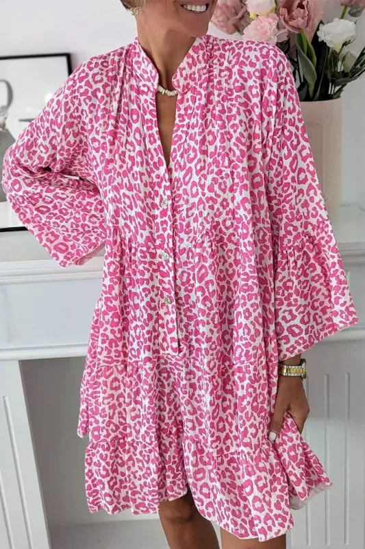 Bright Pink Leopard Printed Long Sleeve Buttoned Front Mini Dress sold by Beagle Boutique