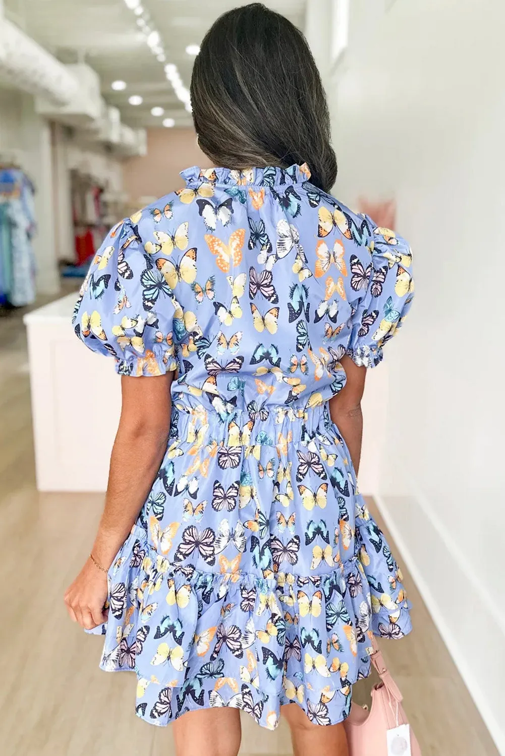 Purple Butterfly Print Short Puff Sleeve Pleated Ruffle Dress sold by Beagle Boutique product image thumbnail 2
