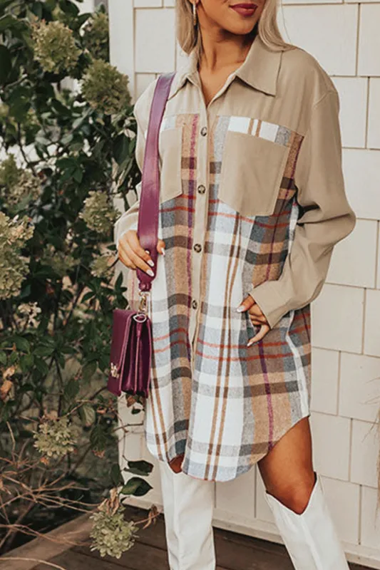 Khaki Plaid Patchwork Long Sleeve Shirt Mini Dress sold by Beagle Boutique