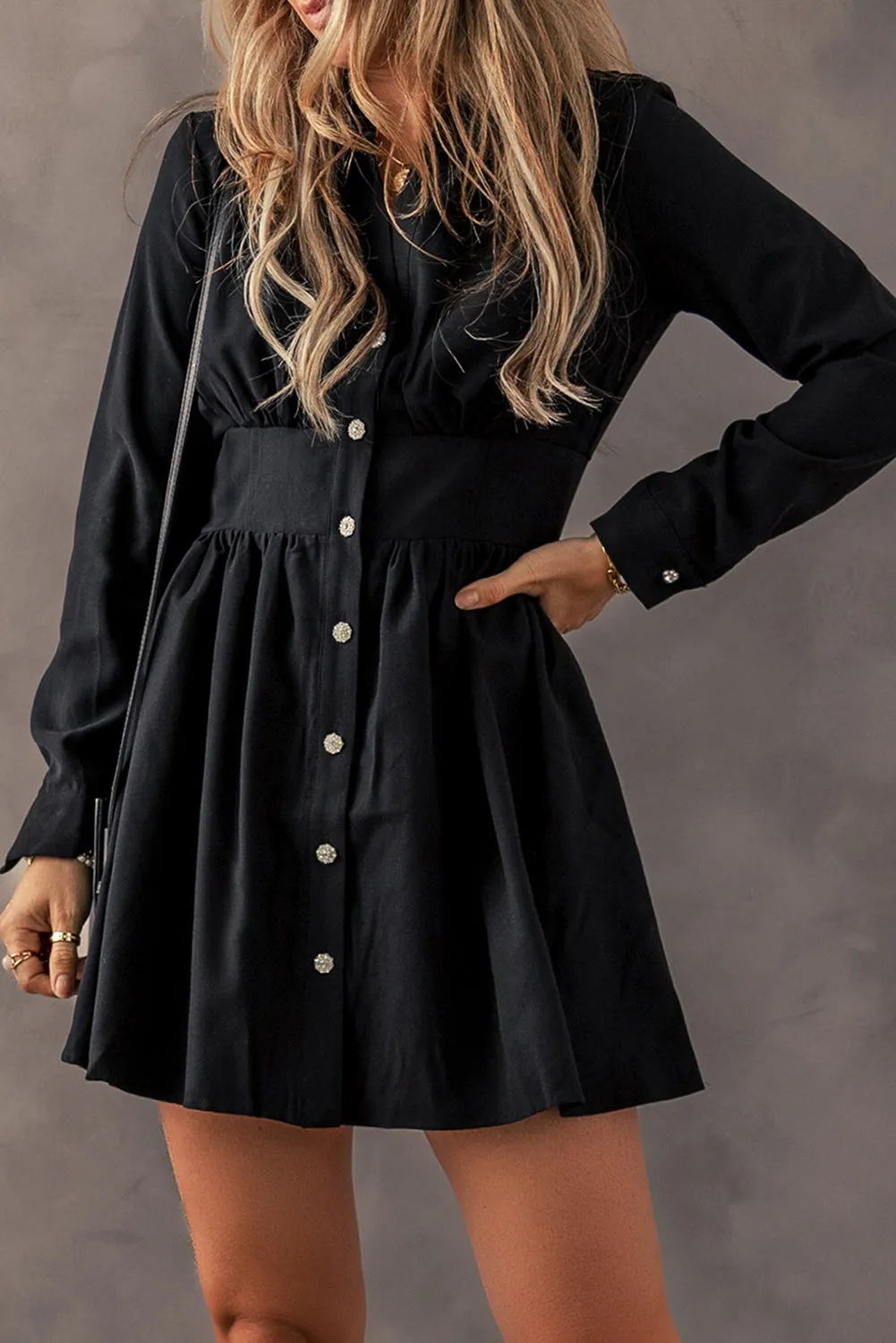 Black Elastic Cinched High Waist Long Sleeve Shirt Mini Dress sold by Beagle Boutique product image thumbnail 3