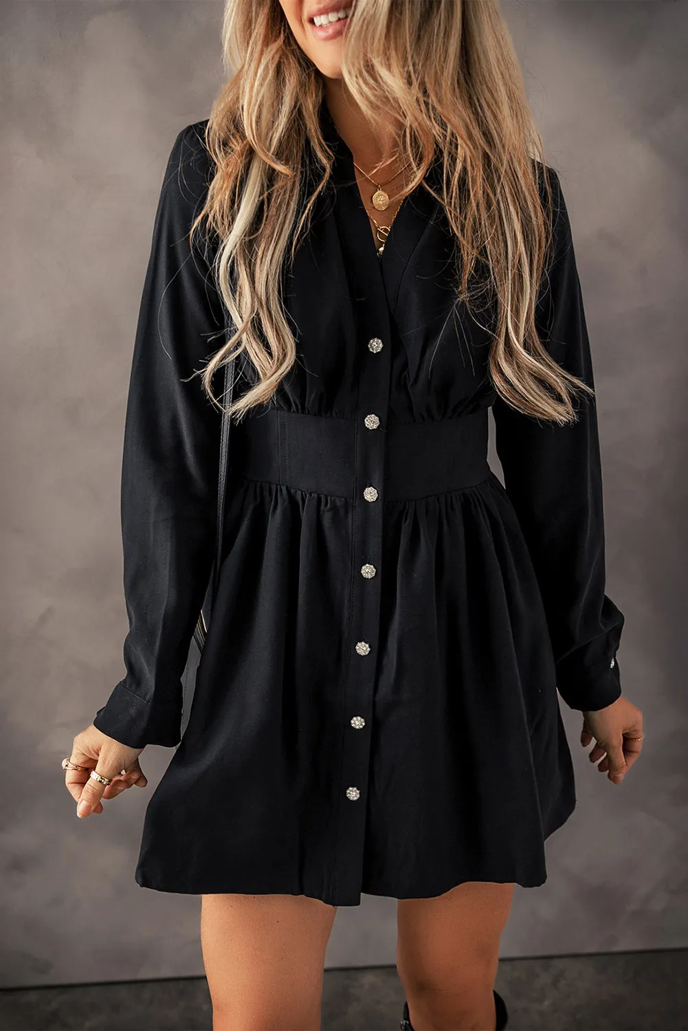 Black Elastic Cinched High Waist Long Sleeve Shirt Mini Dress sold by Beagle Boutique product image thumbnail 4