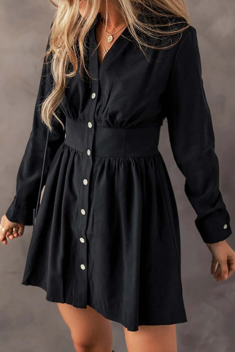 Black Elastic Cinched High Waist Long Sleeve Shirt Mini Dress sold by Beagle Boutique