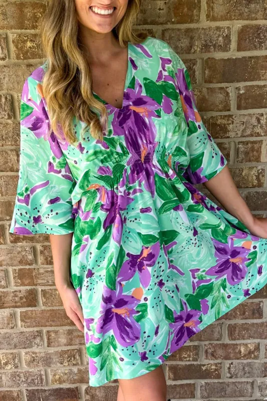 Green Boho Floral Half Sleeve V Neck Shirred Waist Mini Dress sold by Beagle Boutique