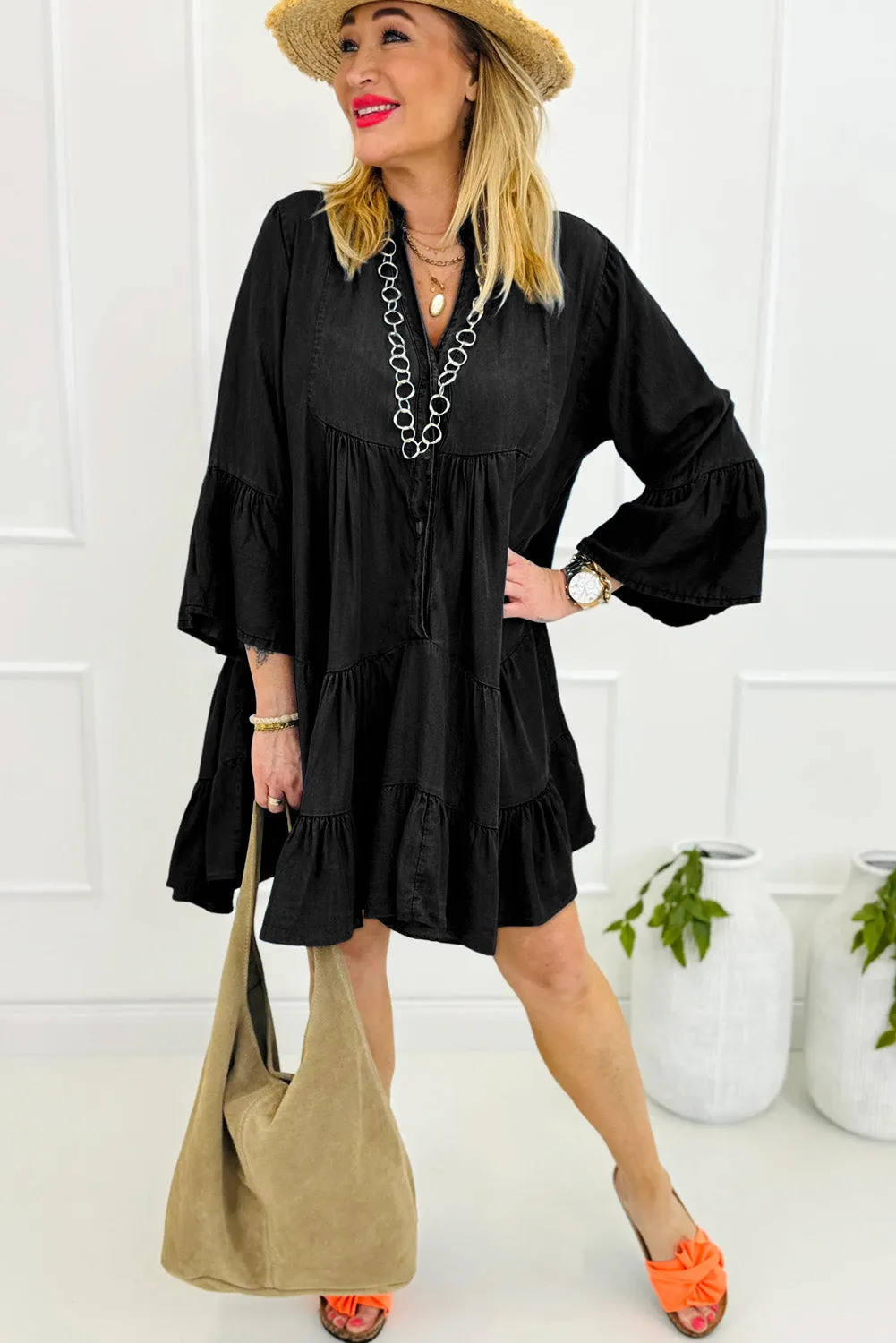 Black Chambray Ruffled 3/4 Sleeve Tiered Split V Neck Mini Dress sold by Beagle Boutique product image thumbnail 3