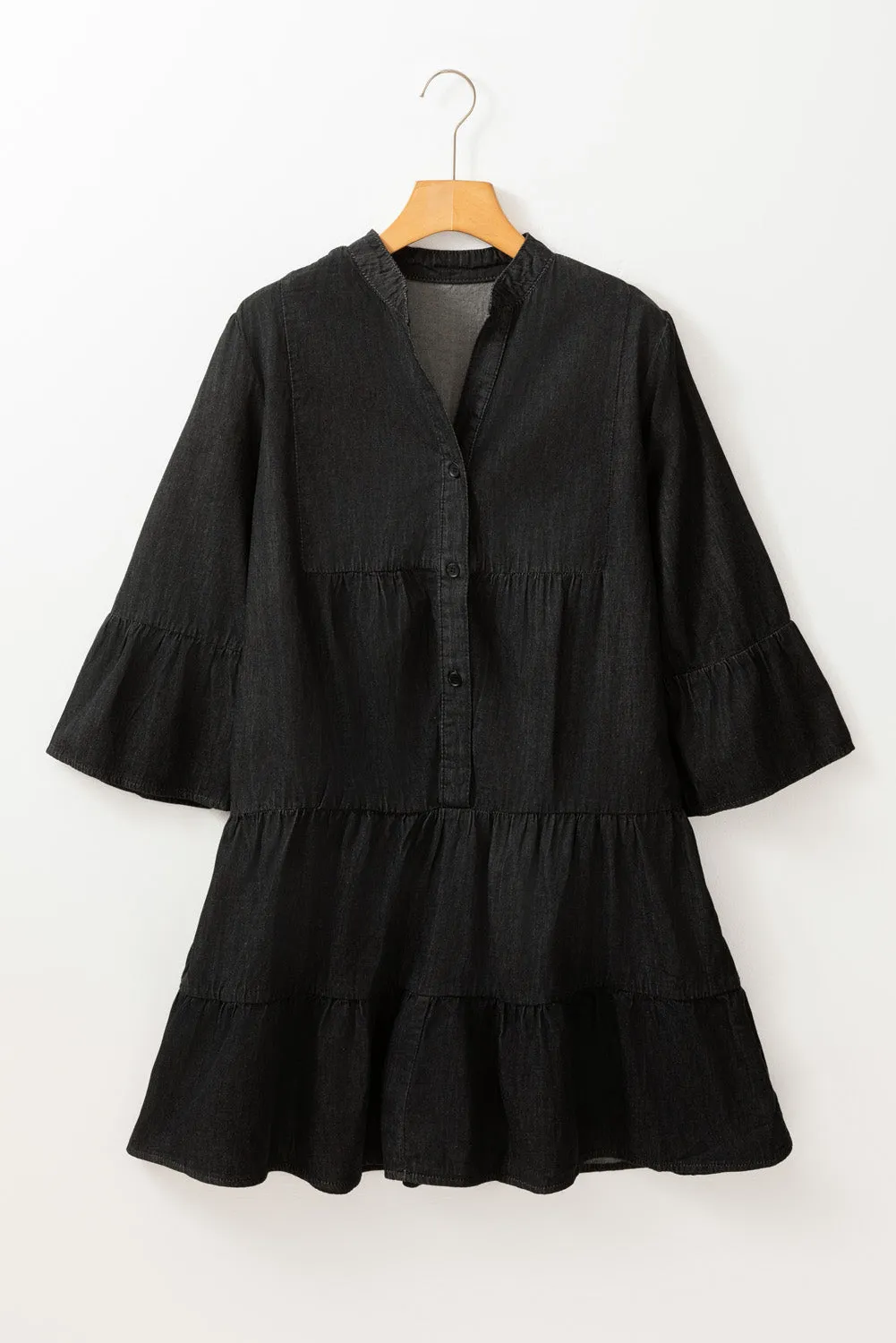 Black Chambray Ruffled 3/4 Sleeve Tiered Split V Neck Mini Dress sold by Beagle Boutique product image thumbnail 5