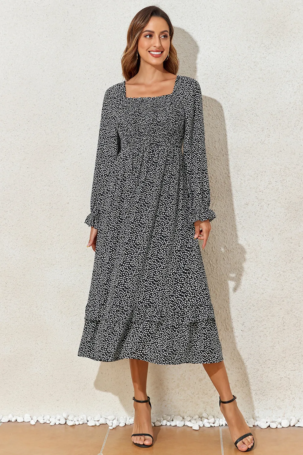 Black Floral Printed Long Sleeve Square Neck Midi Dress sold by Beagle Boutique product image thumbnail 4