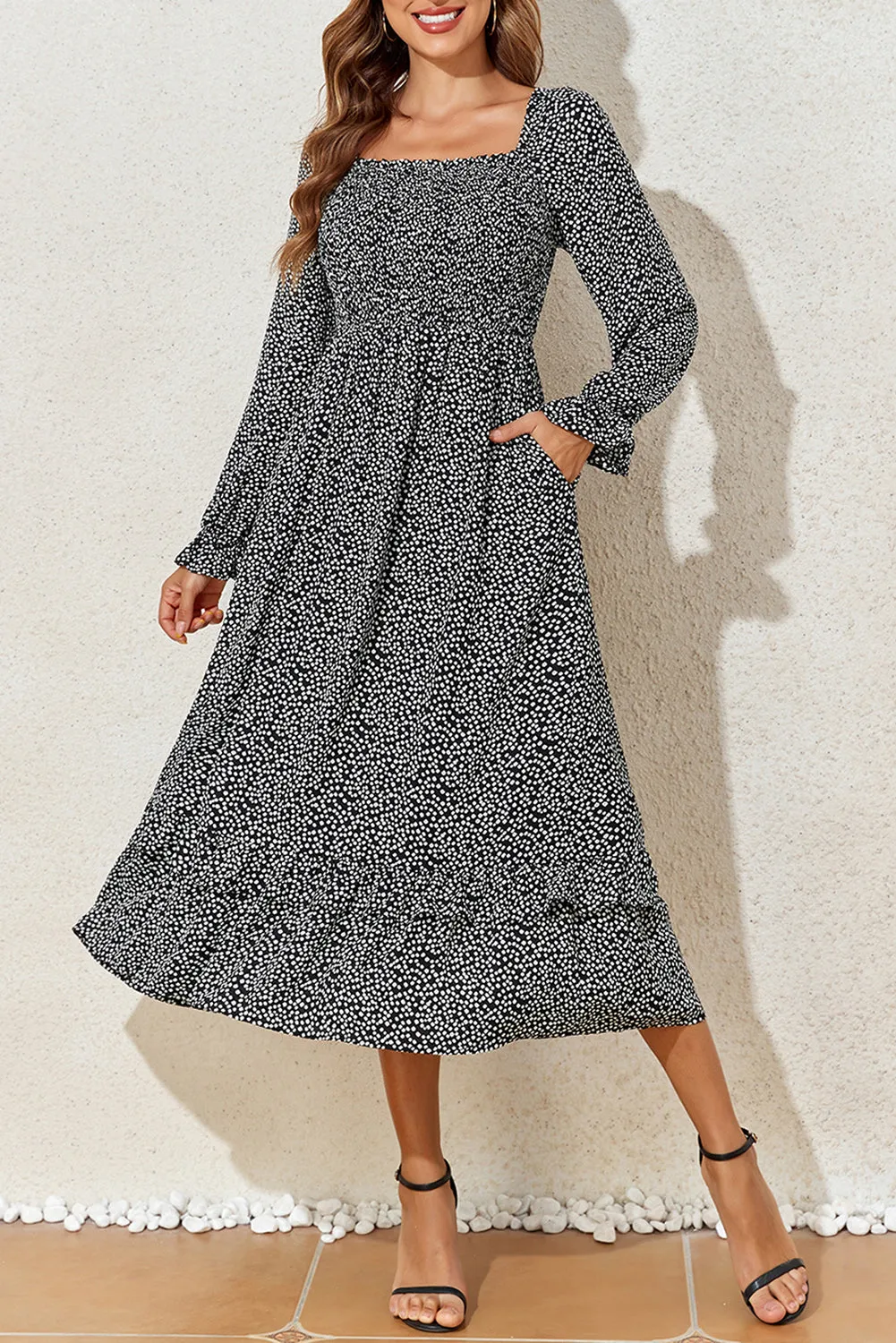Black Floral Printed Long Sleeve Square Neck Midi Dress sold by Beagle Boutique