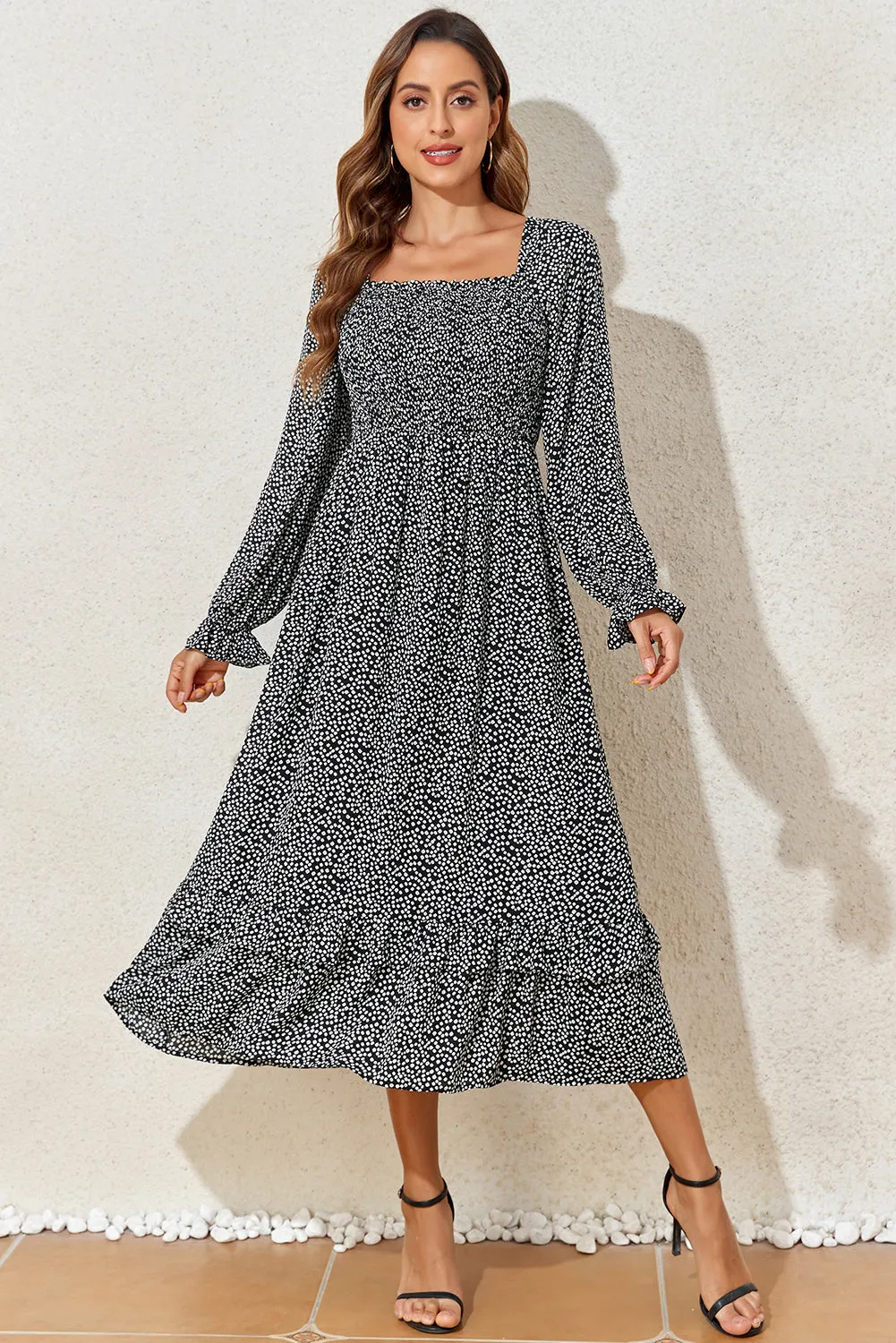 Black Floral Printed Long Sleeve Square Neck Midi Dress sold by Beagle Boutique product image thumbnail 3