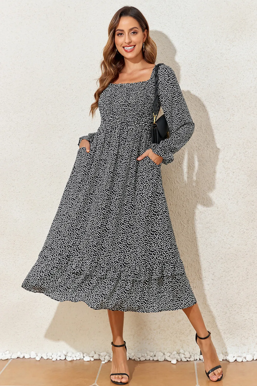 Black Floral Printed Long Sleeve Square Neck Midi Dress sold by Beagle Boutique product image thumbnail 5