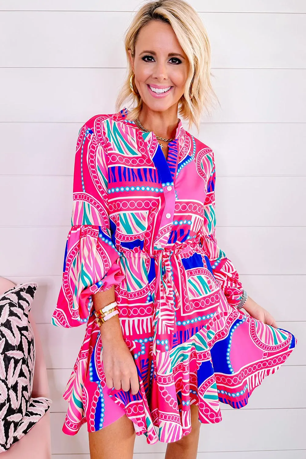 Rose Boho Abstract Printed Puff Sleeve Drawstring Waist Ruffled Mini Dress sold by Beagle Boutique product image thumbnail 4