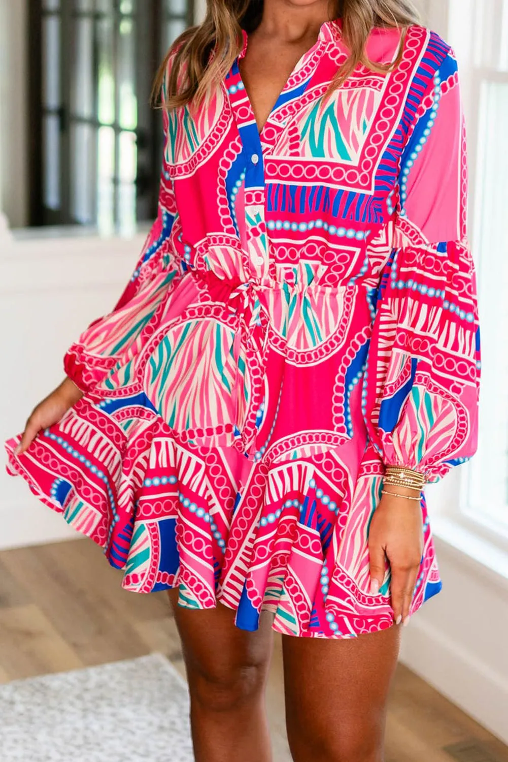 Rose Boho Abstract Printed Puff Sleeve Drawstring Waist Ruffled Mini Dress sold by Beagle Boutique