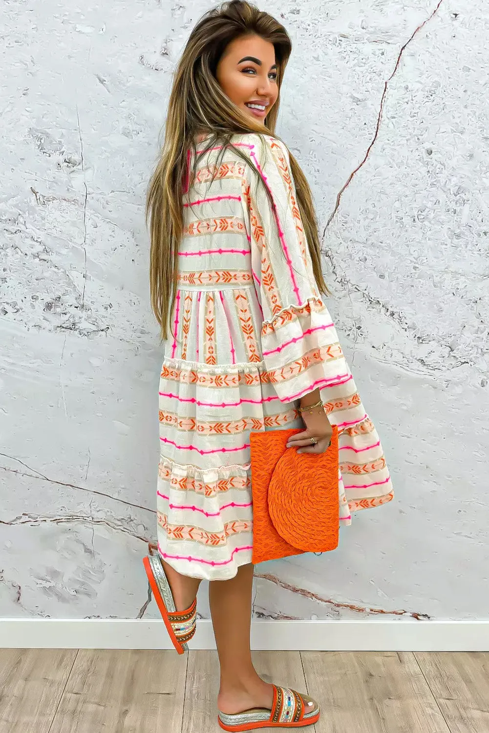 Orange Bohemian Printed Bracelet Sleeve Slit Neck Ruffled Loose Dress sold by Beagle Boutique product image thumbnail 2