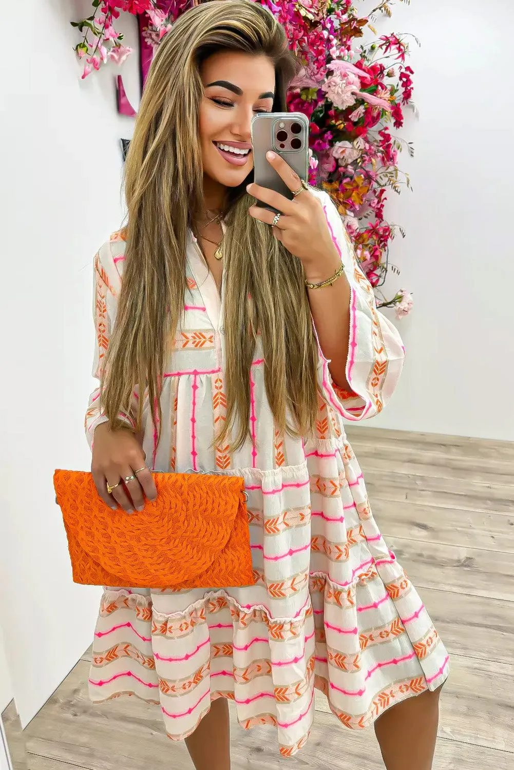 Orange Bohemian Printed Bracelet Sleeve Slit Neck Ruffled Loose Dress sold by Beagle Boutique product image thumbnail 4