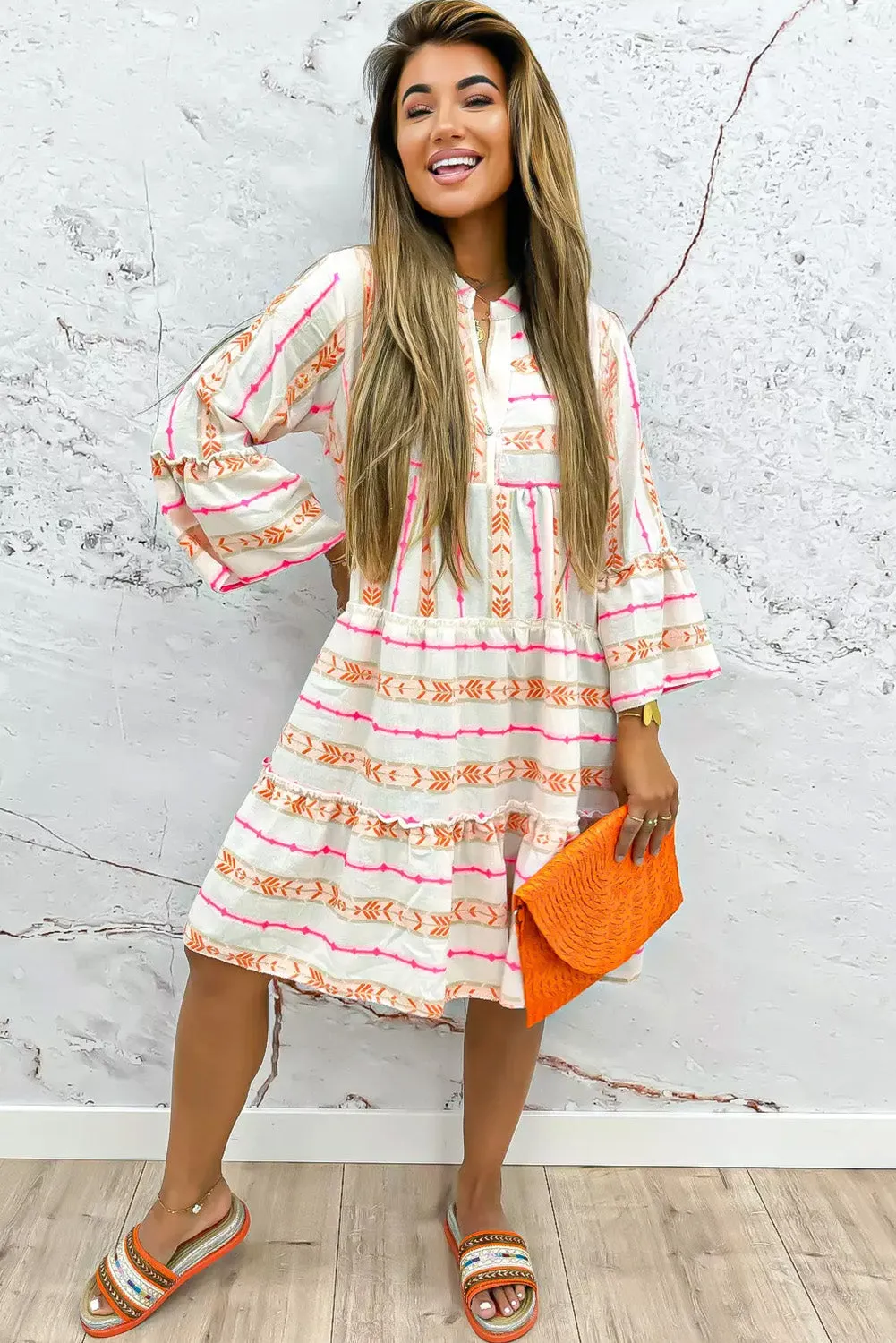 Orange Bohemian Printed Bracelet Sleeve Slit Neck Ruffled Loose Dress sold by Beagle Boutique product image thumbnail 3
