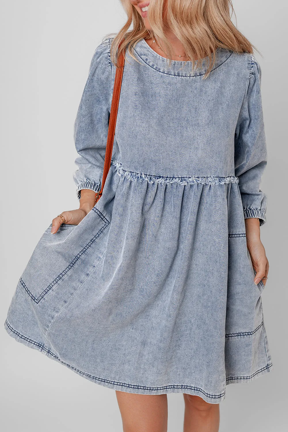Beau Blue Light Wash High Waist Loose Fit Denim Mini Dress sold by Beagle Boutique