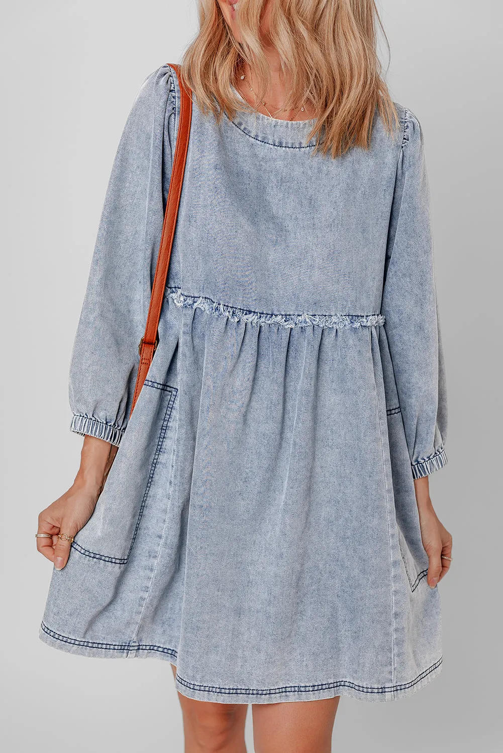 Beau Blue Light Wash High Waist Loose Fit Denim Mini Dress sold by Beagle Boutique product image thumbnail 3