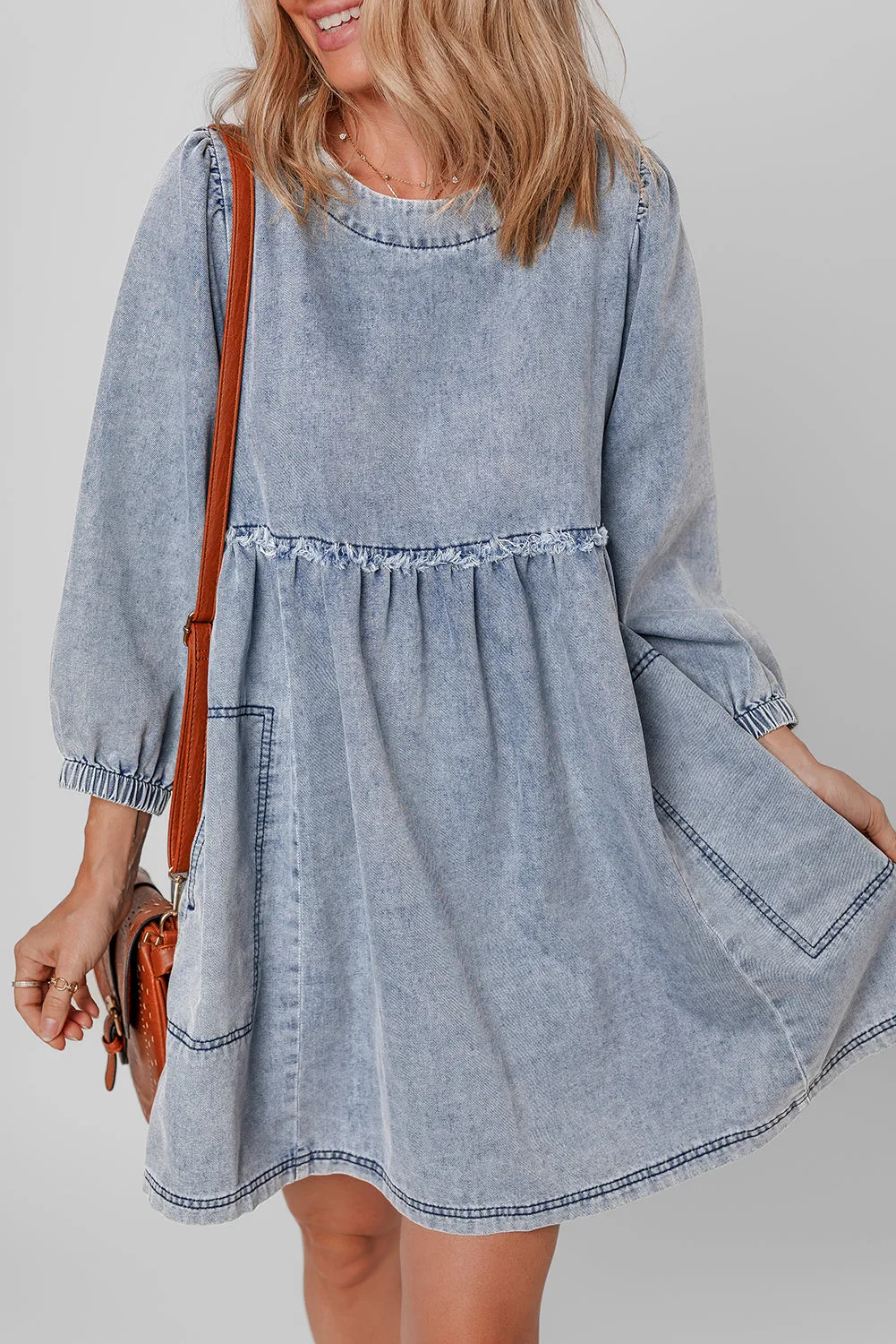 Beau Blue Light Wash High Waist Loose Fit Denim Mini Dress sold by Beagle Boutique product image thumbnail 5